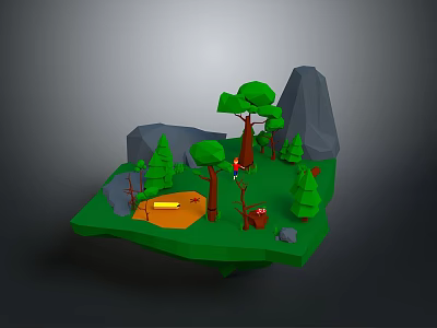 Low Poly 3D Forest Landscape With Green Trees Gray Rocks Campfire And Wooden Barrel 3d model