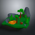 Low Poly 3D Forest Landscape With Green Trees Gray Rocks Campfire And Wooden Barrel