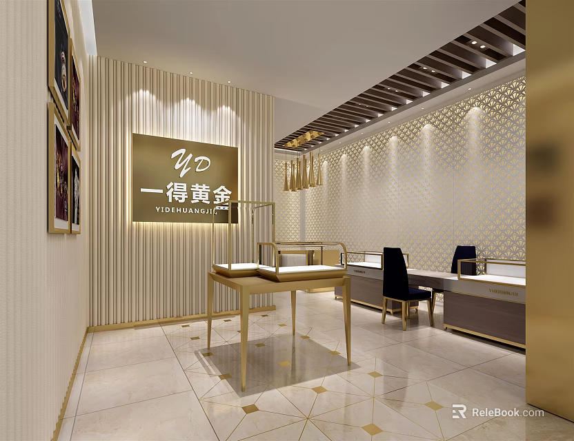 Elegant Jewelry Store Interior With Gold Display Counters And Pendant Lights 3d model 