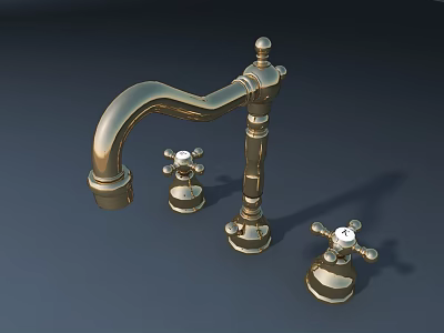 Elegant Golden Faucet With Curved Spout And Two Knob Handles 3d model