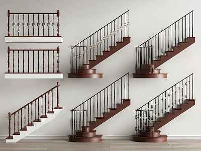 Various Staircase Designs With Ornate Railings And Wooden Steps 3d model