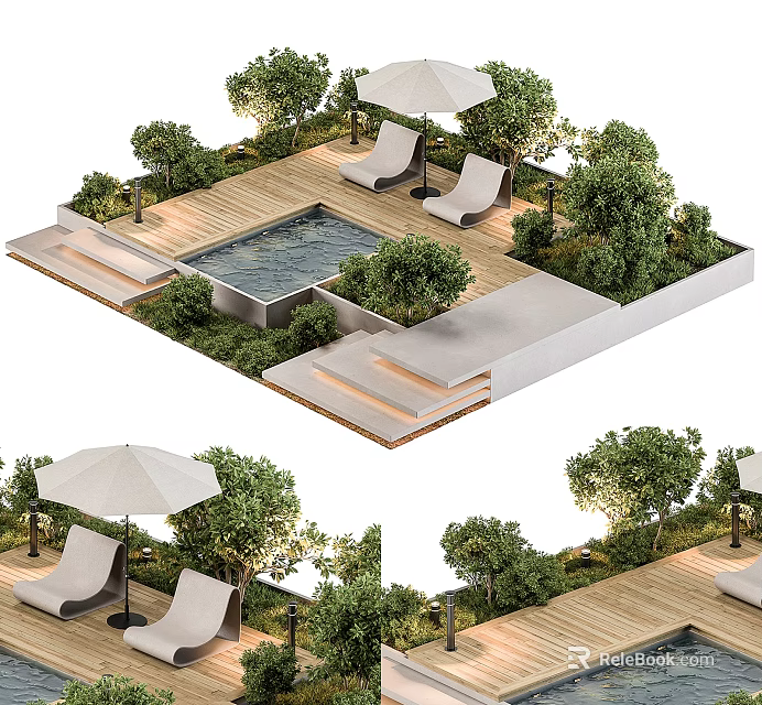 Tranquil Outdoor Garden Landscape with Pool Wooden Deck and Sun Loungers 3d model 