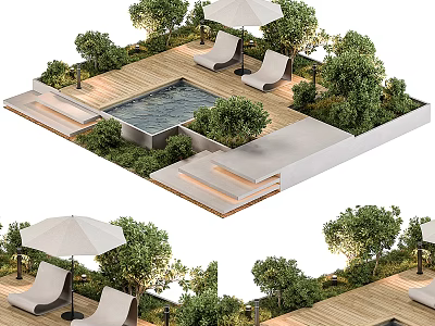 Tranquil Outdoor Garden Landscape with Pool Wooden Deck and Sun Loungers 3d model