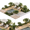 Tranquil Outdoor Garden Landscape with Pool Wooden Deck and Sun Loungers