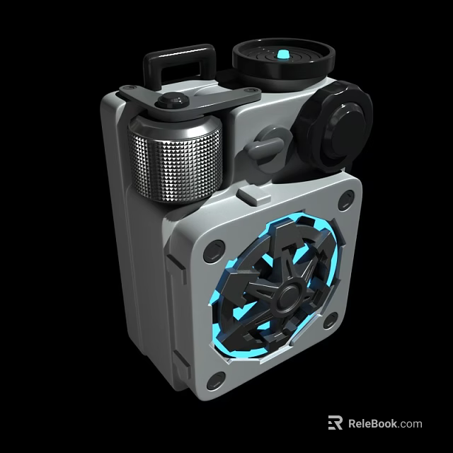 Gray Metal Portable Speaker With Blue LED Lights Knob Control And Grille Panel 3d model 
