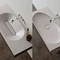 Modern White Ceramic Bathroom Washbasin With Faucet Toiletries And Towel On Wooden Vanity
