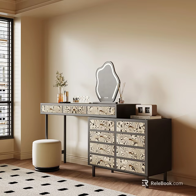 Dressing Table with Patterned Drawers Mirror on Top Stool Beside By Window and Vase Decoration 3d model