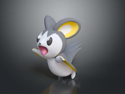 Cartoon Creature 3D Model With Gray White Body Yellow Ears Wings Open Mouth Cheerful Pose 3d model