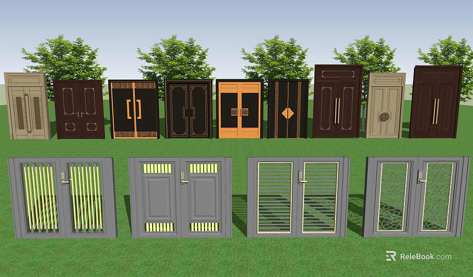 Various Entry Doors With Different Designs And Materials On Green Lawn 3d model