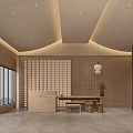 Modern Hotel Lobby Featuring Recessed Lighting Curved Light Strips Beige Walls Greenery And Large Windows