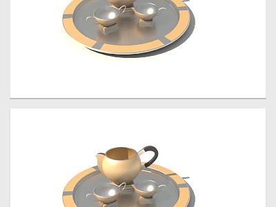 Elegant Gold Tea Set With Teapot Teacups And Gold Striped Tray 3d model