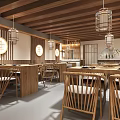 Modern Restaurant Interior With Wooden Dining Tables Hanging Lanterns And Open Layout