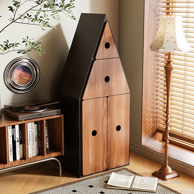Wooden And Black Storage Cabinet With Drawers In Living Room Decor 3d model 