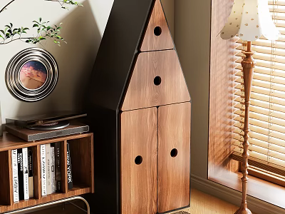Wooden And Black Storage Cabinet With Drawers In Living Room Decor 3d model