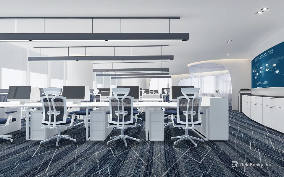 Modern Public Office Space Featuring Open Layout Desks Ergonomic Chairs And Computer Monitors 3d model