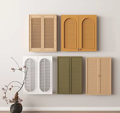 Various Colored Wooden Shutters With Double Panel And Arched Designs For Home Decor 3d model