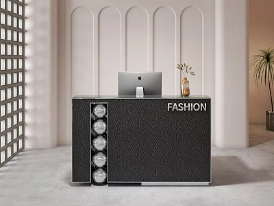 Modern Black Textured Reception Desk With MacBook Vase And FASHION Signage In Arched Wall Interior 3d model