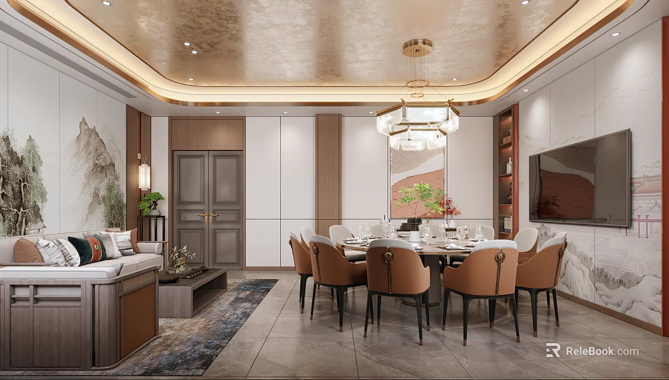 Luxury Private Room With Dining Table And Chandelier 3d model