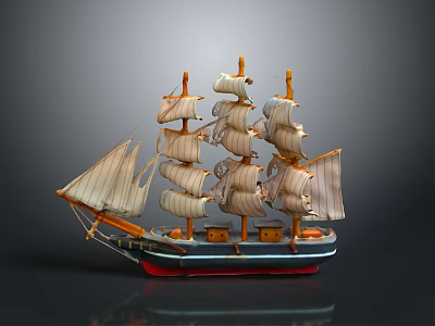 Detailed Model Sailboat With Multiple Masts White Sails And Colorful Hull 3d model