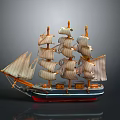 Detailed Model Sailboat With Multiple Masts White Sails And Colorful Hull