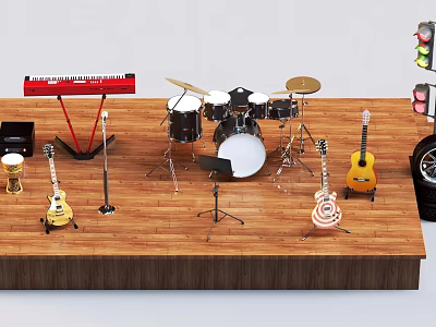 Musical Instruments and Art Supplies Display with Keyboard Drum Set Guitars Paints and Brushes 3d model