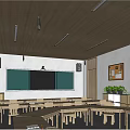Bright Kindergarten Classroom With Wooden Tables Chairs Green Blackboard And Potted Plants