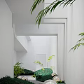 Modern Garden Landscape With White Architectural Elements Green Plants And Natural Lighting