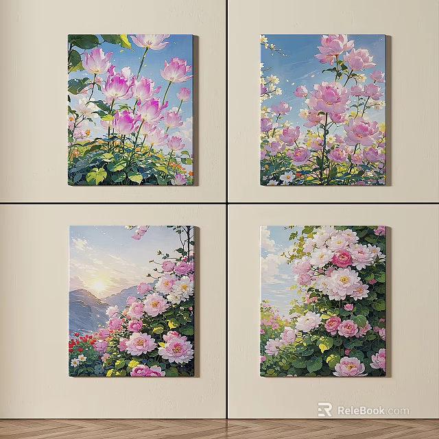 Floral Paintings Featuring Pink White Peonies Green Leaves And Mountain Sunset Background 3d model 