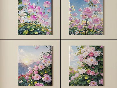 Floral Paintings Featuring Pink White Peonies Green Leaves And Mountain Sunset Background 3d model