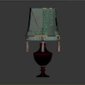 Vintage Table Lamp With Green Yellow Geometric Lampshade And Pink Tassels Dark Red Wooden Base
