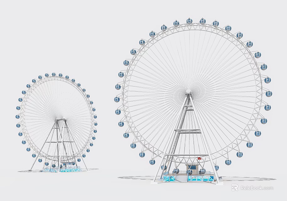 Large and Small Ferris Wheel Amusement Park Rides With Metal Structure And Colorful Cabins 3d model 
