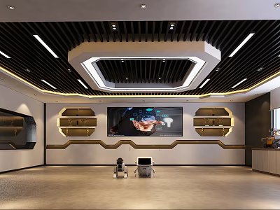 Modern Exhibition Hall Interior Featuring Ceiling Decoration Built-in Shelves Large VR Screen And White Chairs 3d model