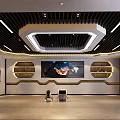 Modern Exhibition Hall Interior Featuring Ceiling Decoration Built-in Shelves Large VR Screen And White Chairs