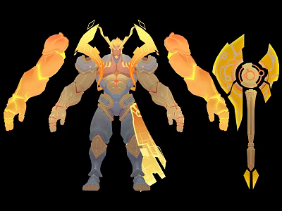 Mythical Warrior Creature With Flaming Armor Four Arms Golden Crown And Glowing Weapons 3d model
