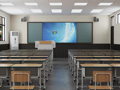 School Classroom With Rows Of Desks Chairs Teacher Desk Projector Screen And Windows 3d model