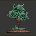 Ornamental Potted Plant With Green Leaves Pink Flowers Brown Trunk And Circular Brick Planter