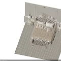 Elegant Double Bed with Ornate Carved Beige Upholstered Headboard Footstool Crystal Chandelier and Decorative Walls