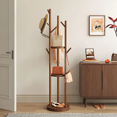 Modern Wooden Coat Rack With Hanging Bags Hats And Decorative Wall Art 3d model