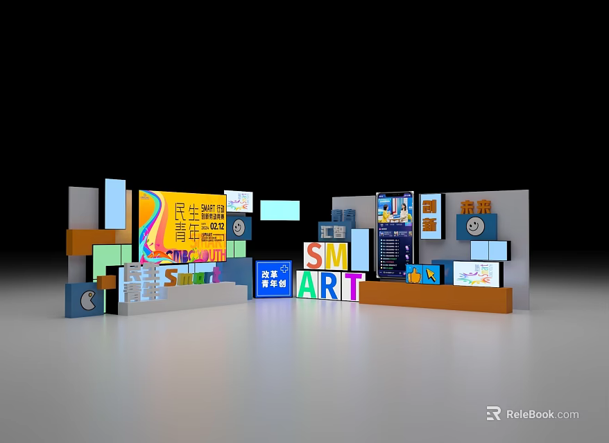 Colorful Exhibition Display Structure With Digital Screens And SM ART Letters In Modern 3D Setup 3d model 