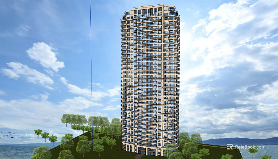 Tall Modern High Rise Building Surrounded By Trees Under Blue Sky With Clouds 3d model 