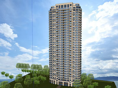 Tall Modern High Rise Building Surrounded By Trees Under Blue Sky With Clouds 3d model