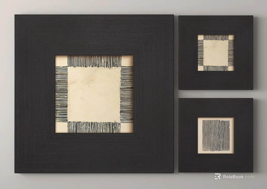 Abstract Wall Art Set with Black Frames Square Canvas and Black White Striped Design 3d model