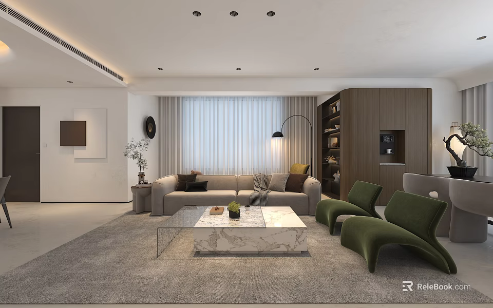 Warm Modern Minimalist Living Room With Comfortable Sofa Marble Coffee Table And Stylish Lounge Chairs 3d model 