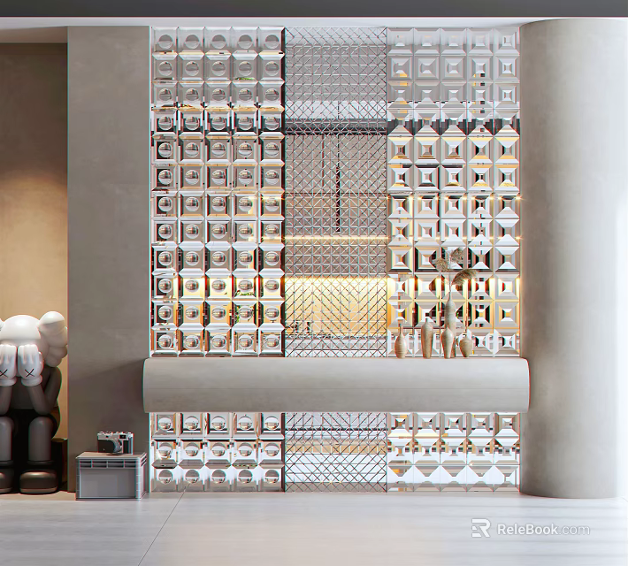Elegant Modern Room Divider Design With Glass Panels And Geometric Patterns In Interior Space 3d model 