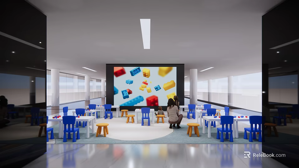 Exhibition Booth With Large Screen Colorful Building Block Patterns Blue White Tables Chairs And People 3d model 