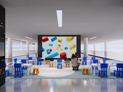 Exhibition Booth With Large Screen Colorful Building Block Patterns Blue White Tables Chairs And People 3d model