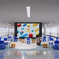 Exhibition Booth With Large Screen Colorful Building Block Patterns Blue White Tables Chairs And People