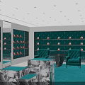 Luxury Shoe Store Interior With Teal Display Shelves Red Shoes Green Rug And Marble Tables