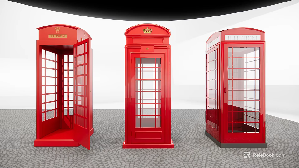Three Iconic Red Telephone Booths Classic Public Facility with Glass Panels 3d model 