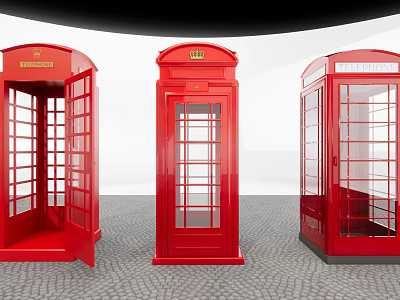 Three Iconic Red Telephone Booths Classic Public Facility with Glass Panels 3d model